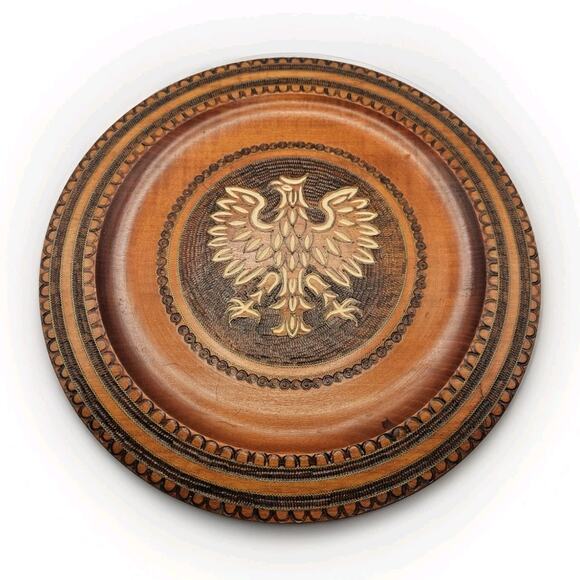 Vintage Hand Carved Wood Polish Falcon Hanging Plaque Wire Accents 12" Plate - Picture 1 of 6